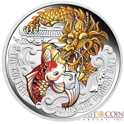 Tuvalu KOI FISH JUMPS THE DRAGON GATE $5 Silver Coin 2016 Proof 5 oz